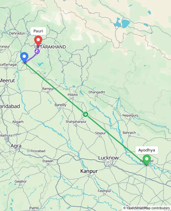 Route map showing distance and travel time from Ayodhya, India to Pauri, India