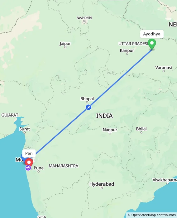 Route map showing distance and travel time from Ayodhya, India to Pen, India