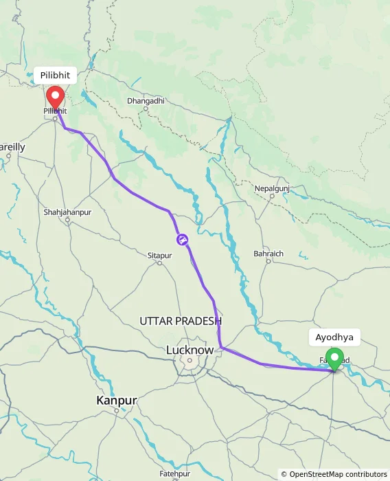 Route map showing distance and travel time from Ayodhya, India to Pilibhit, India