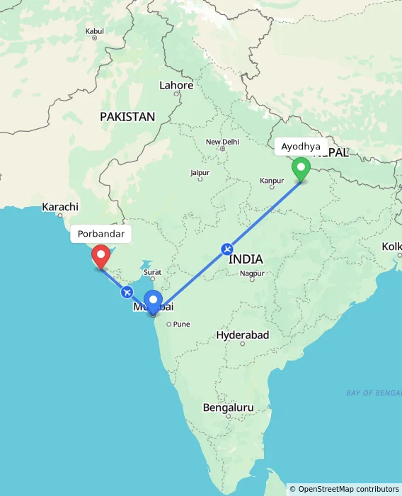 Route map showing distance and travel time from Ayodhya, India to Porbandar, India