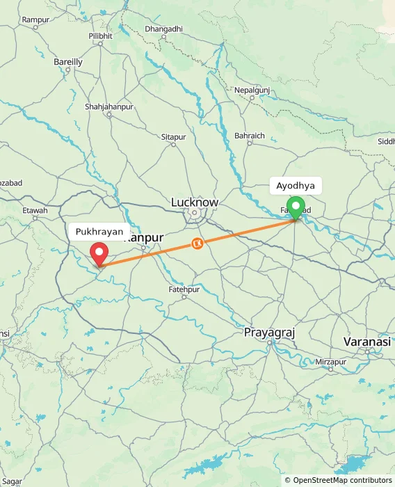 Route map showing distance and travel time from Ayodhya, India to Pukhrayan, India
