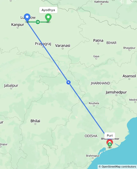 Route map showing distance and travel time from Ayodhya, India to Puri, India