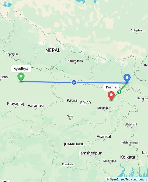 Route map showing distance and travel time from Ayodhya, India to Purnia, India