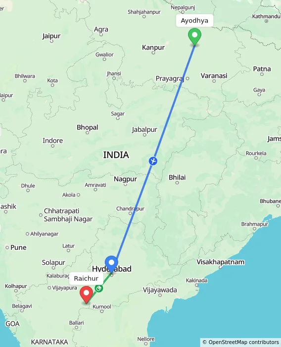 Route map showing distance and travel time from Ayodhya, India to Raichur, India