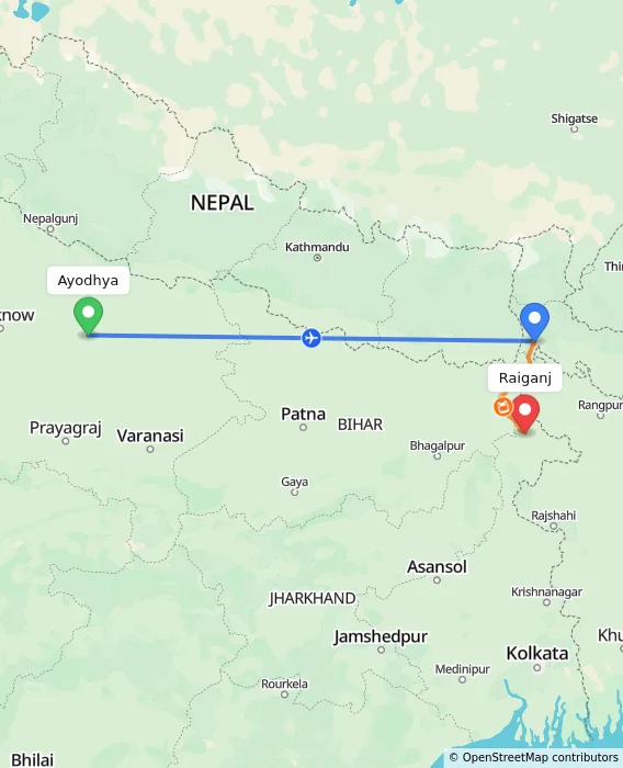 Route map showing distance and travel time from Ayodhya, India to Raiganj, India