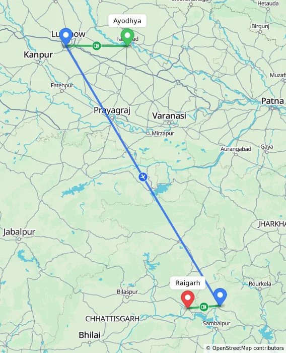 Route map showing distance and travel time from Ayodhya, India to Raigarh, India