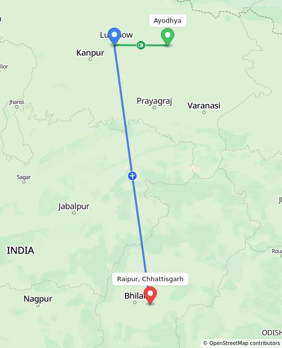Route map showing distance and travel time from Ayodhya, India to Raipur, Chhattisgarh, India