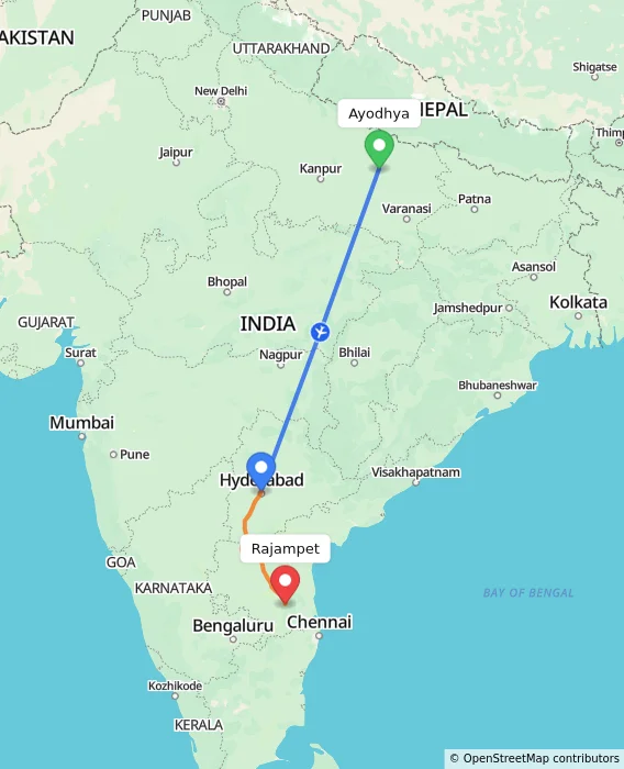 Route map showing distance and travel time from Ayodhya, India to Rajampet, India