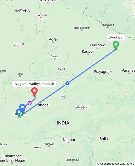 Route map showing distance and travel time from Ayodhya, India to Rajgarh, Madhya Pradesh, India