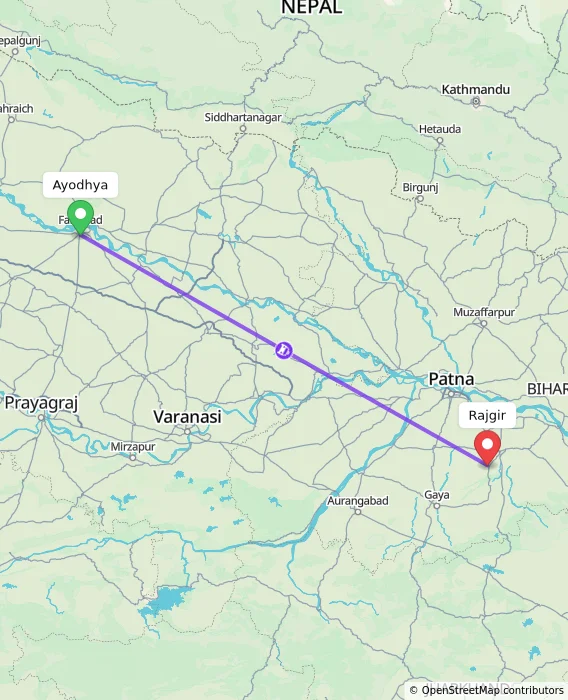 Route map showing distance and travel time from Ayodhya, India to Rajgir, India