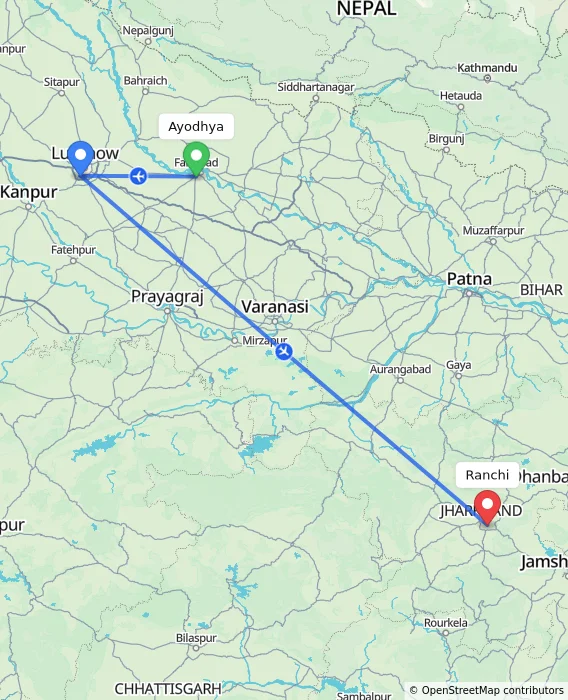 Route map showing distance and travel time from Ayodhya, India to Ranchi, India