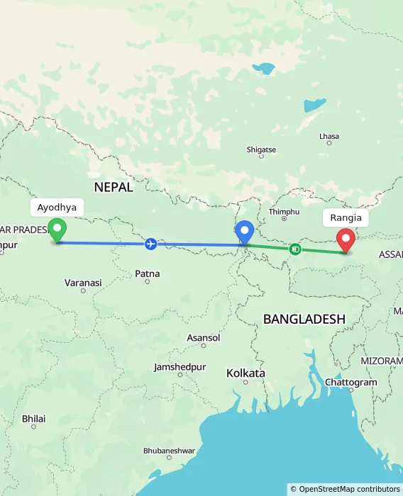 Route map showing distance and travel time from Ayodhya, India to Rangia, India