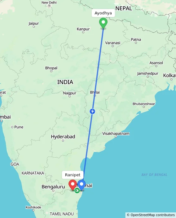 Route map showing distance and travel time from Ayodhya, India to Ranipet, India