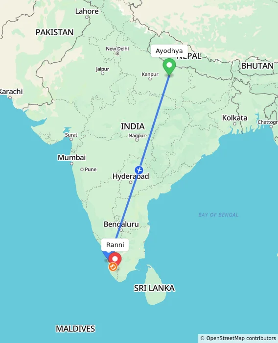 Route map showing distance and travel time from Ayodhya, India to Ranni, India