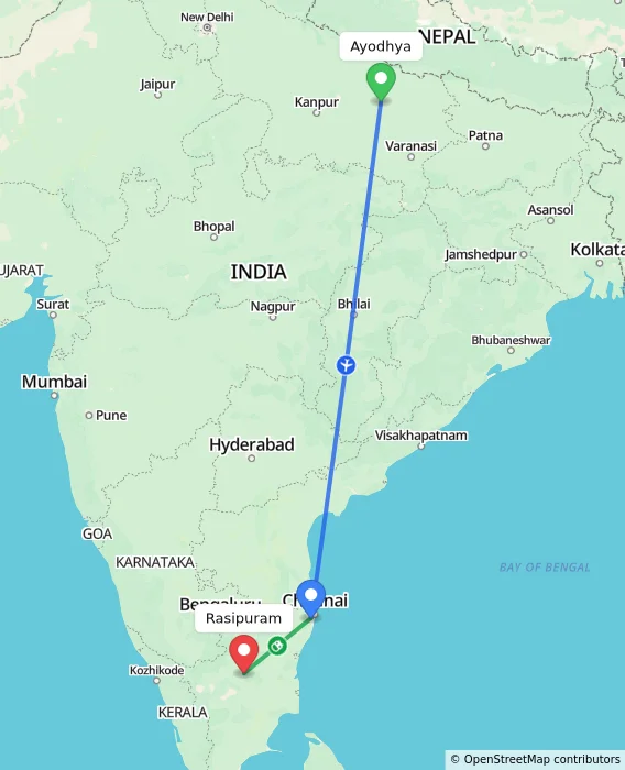 Route map showing distance and travel time from Ayodhya, India to Rasipuram, India