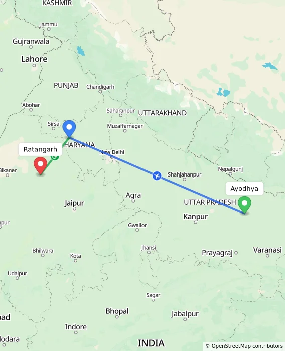 Route map showing distance and travel time from Ayodhya, India to Ratangarh, India