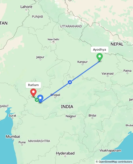 Route map showing distance and travel time from Ayodhya, India to Ratlam, India