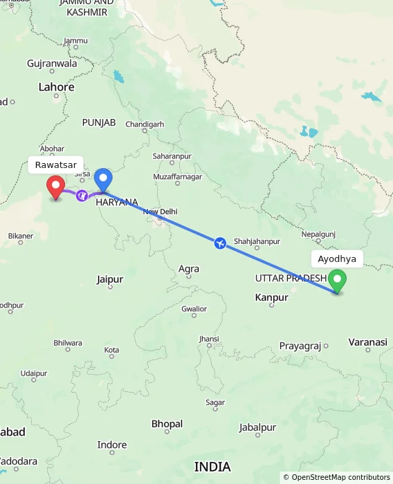 Route map showing distance and travel time from Ayodhya, India to Rawatsar, India