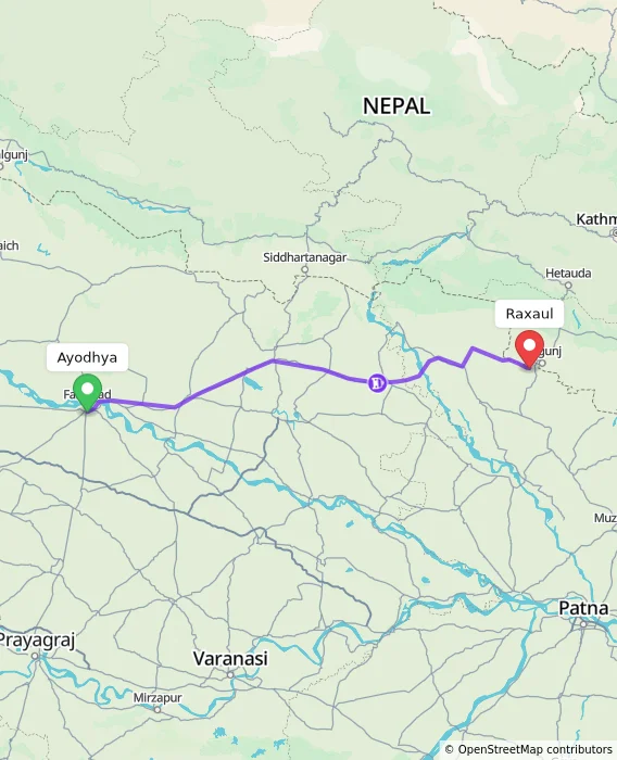 Route map showing distance and travel time from Ayodhya, India to Raxaul, India