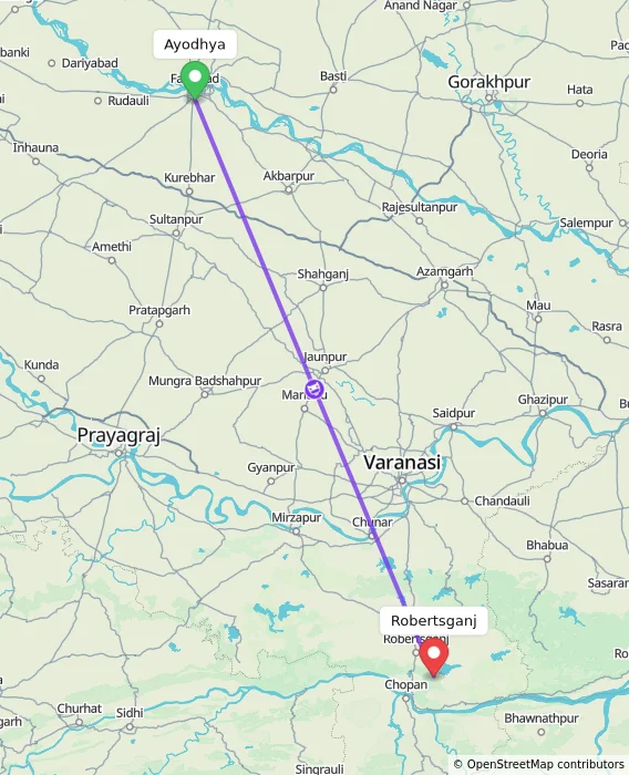 Route map showing distance and travel time from Ayodhya, India to Robertsganj, India