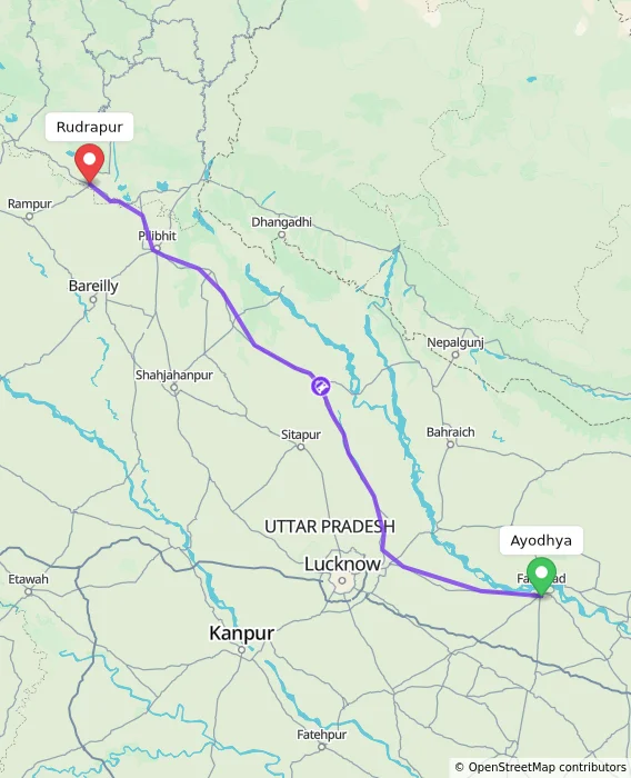 Route map showing distance and travel time from Ayodhya, India to Rudrapur, India