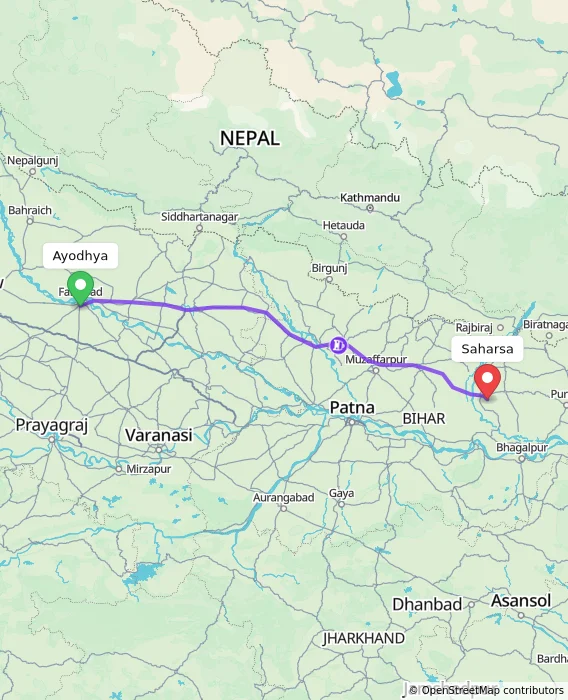 Route map showing distance and travel time from Ayodhya, India to Saharsa, India