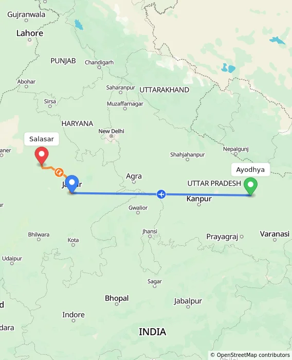Route map showing distance and travel time from Ayodhya, India to Salasar, India