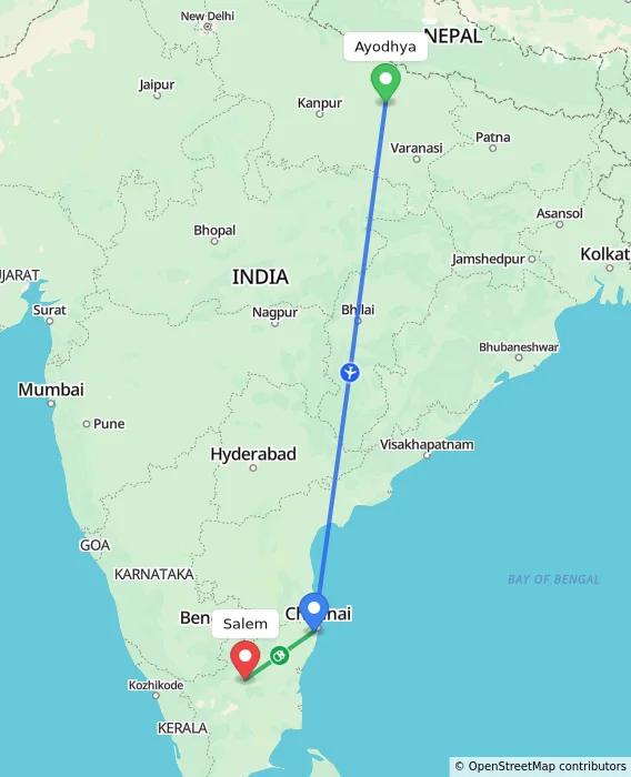 Route map showing distance and travel time from Ayodhya, India to Salem, India