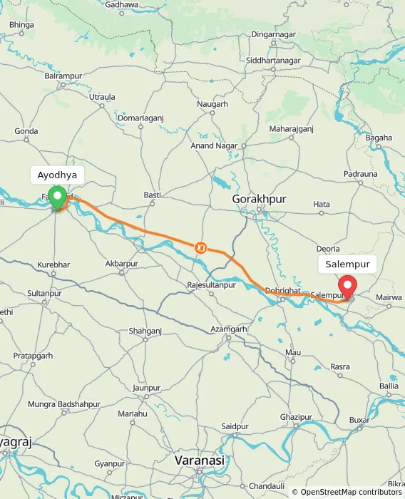 Route map showing distance and travel time from Ayodhya, India to Salempur, India