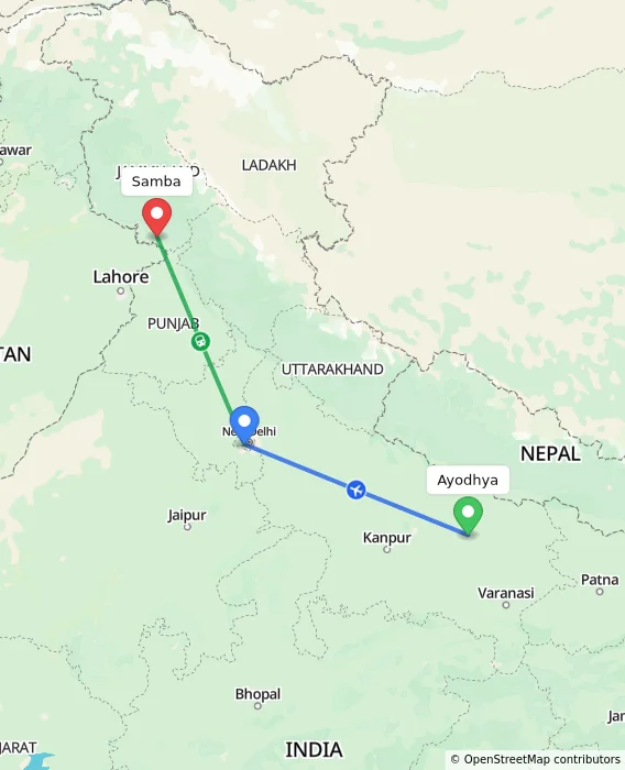 Route map showing distance and travel time from Ayodhya, India to Samba, India