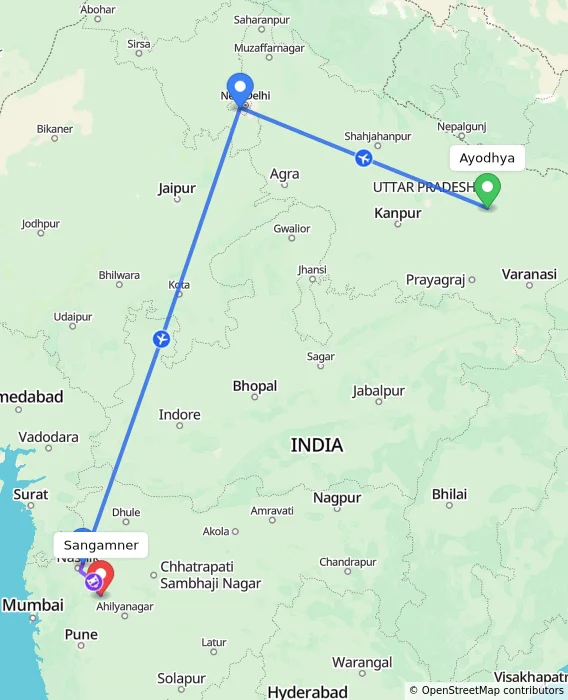Route map showing distance and travel time from Ayodhya, India to Sangamner, India
