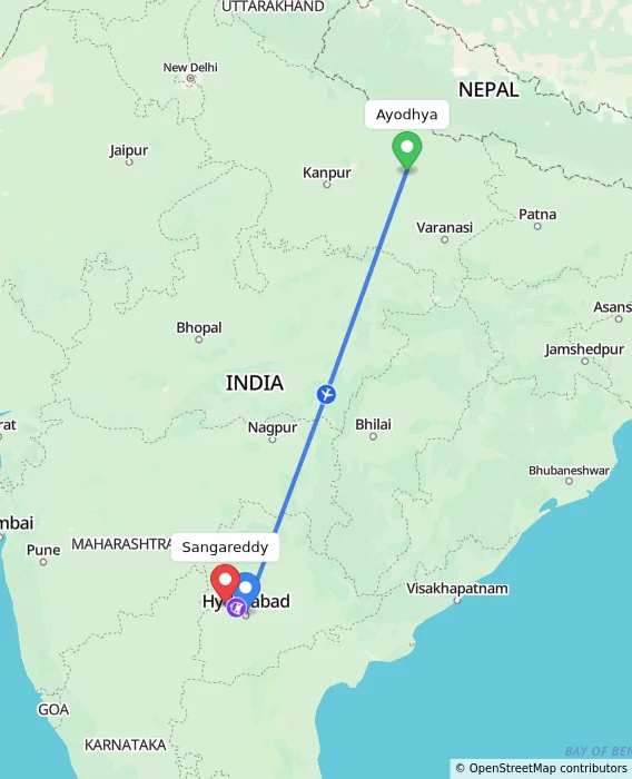Route map showing distance and travel time from Ayodhya, India to Sangareddy, India