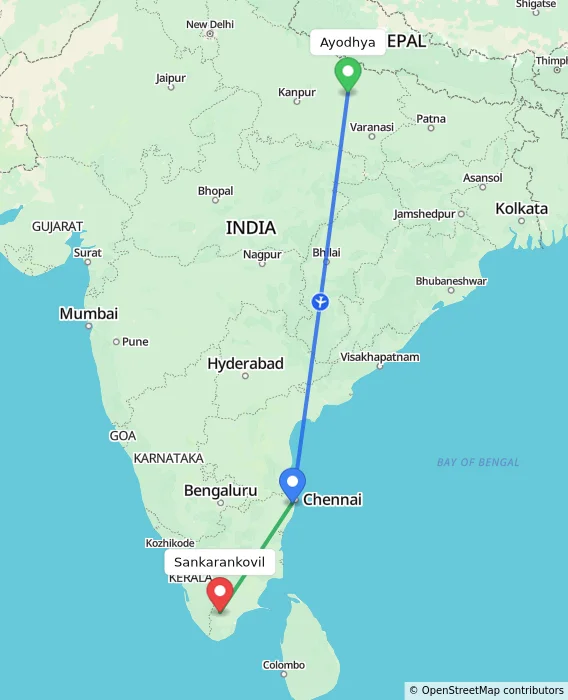 Route map showing distance and travel time from Ayodhya, India to Sankarankovil, India
