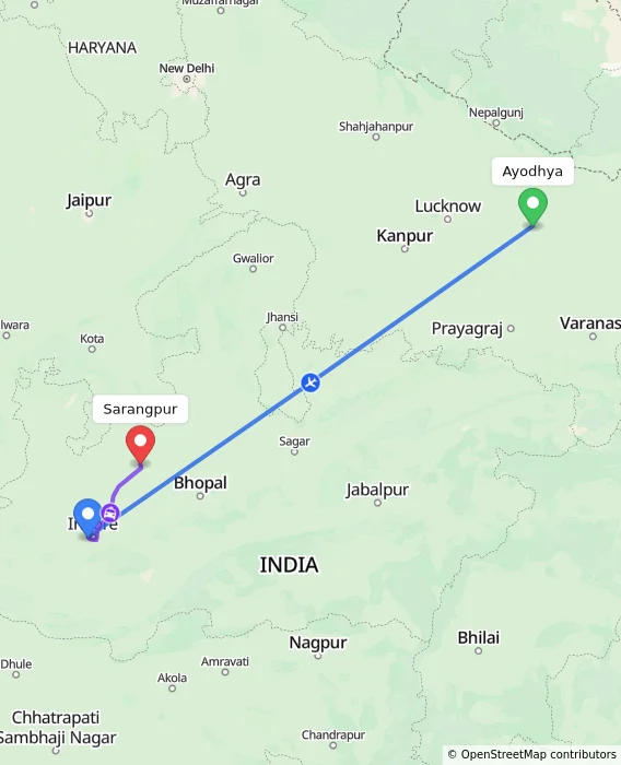 Route map showing distance and travel time from Ayodhya, India to Sarangpur, India