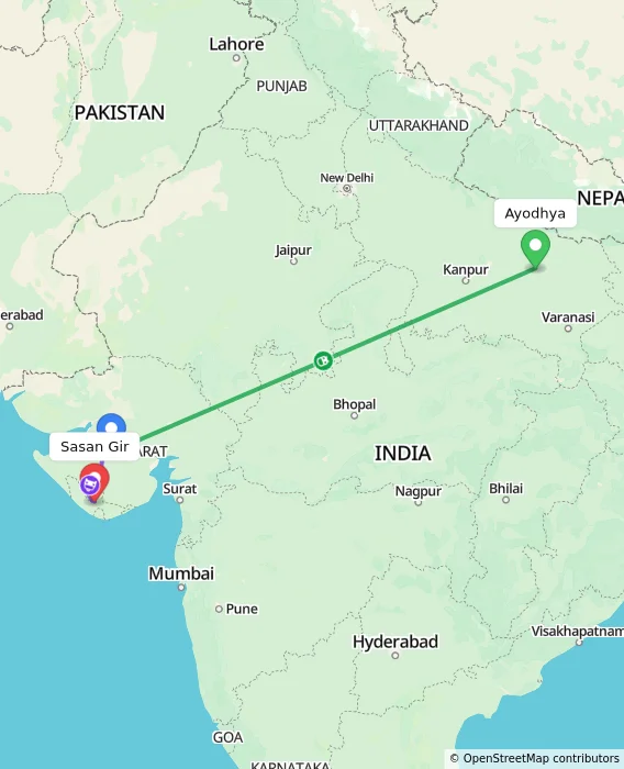 Route map showing distance and travel time from Ayodhya, India to Sasan Gir, India