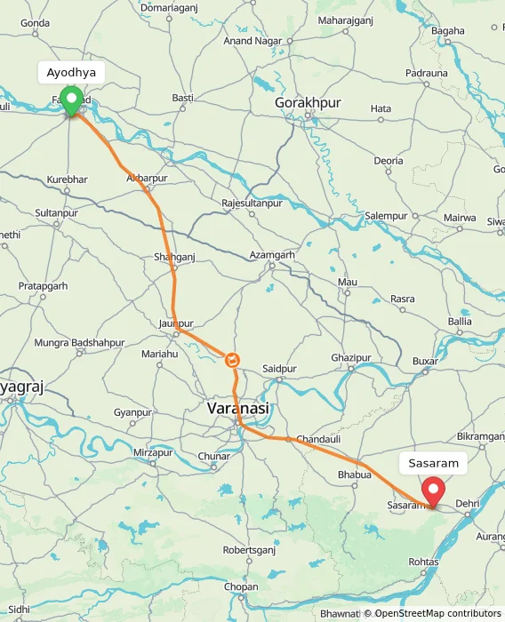 Route map showing distance and travel time from Ayodhya, India to Sasaram, India