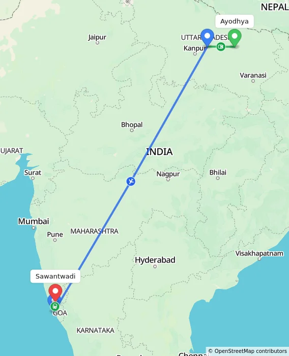 Route map showing distance and travel time from Ayodhya, India to Sawantwadi, India