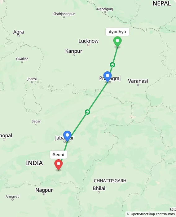 Route map showing distance and travel time from Ayodhya, India to Seoni, India