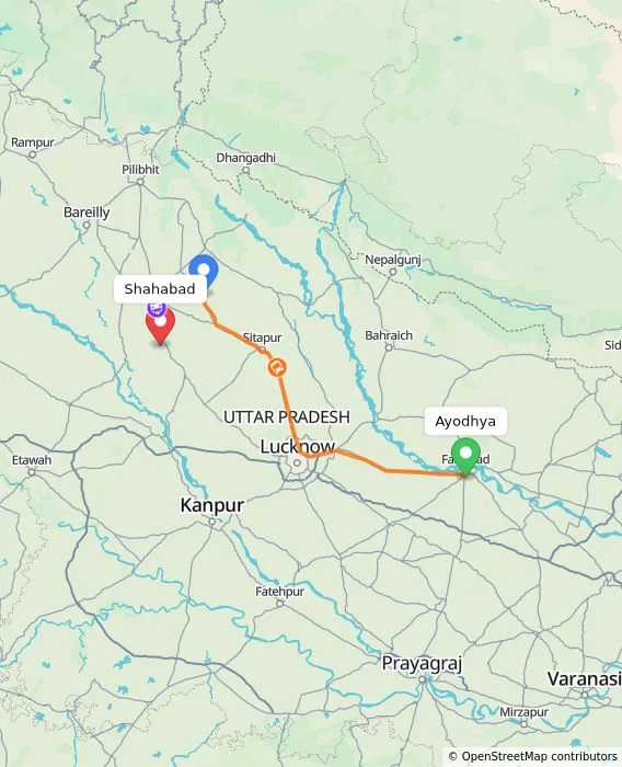 Route map showing distance and travel time from Ayodhya, India to Shahabad, India