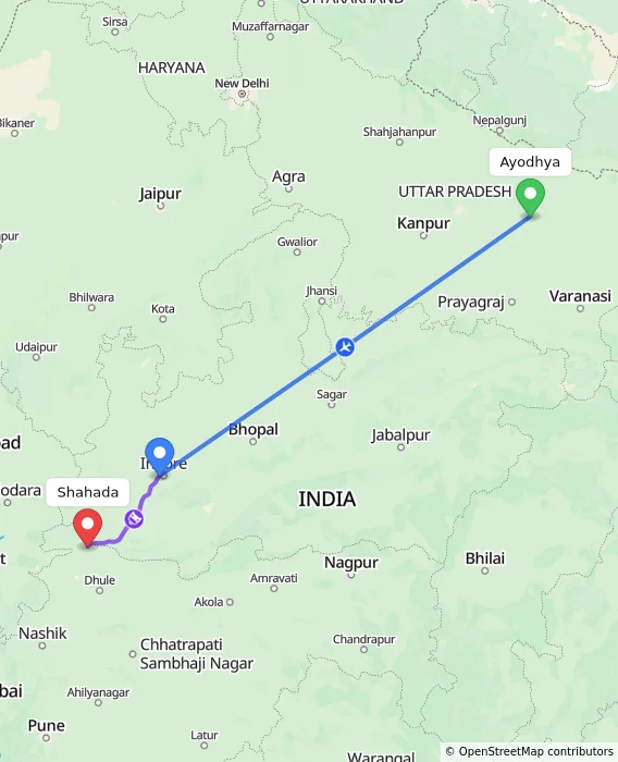 Route map showing distance and travel time from Ayodhya, India to Shahada, India
