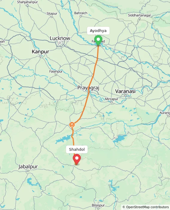 Route map showing distance and travel time from Ayodhya, India to Shahdol, India