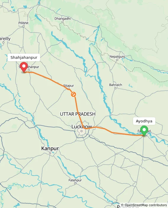 Route map showing distance and travel time from Ayodhya, India to Shahjahanpur, India
