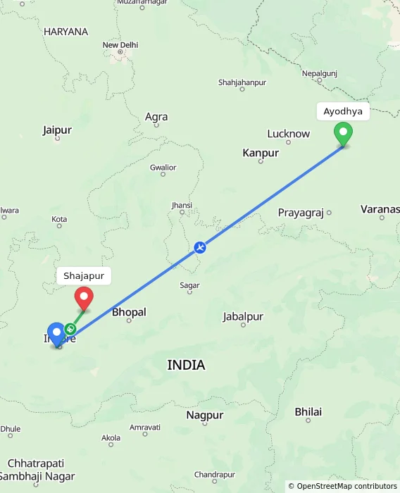 Route map showing distance and travel time from Ayodhya, India to Shajapur, India