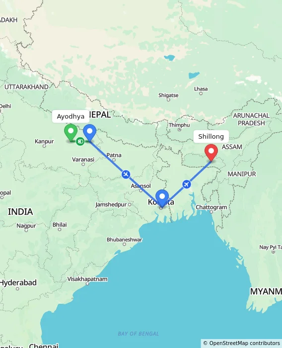 Route map showing distance and travel time from Ayodhya, India to Shillong, India