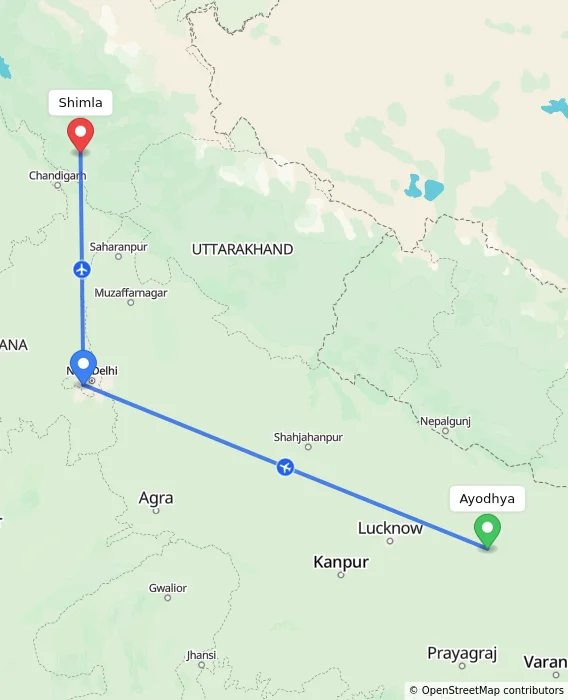 Route map showing distance and travel time from Ayodhya, India to Shimla, India