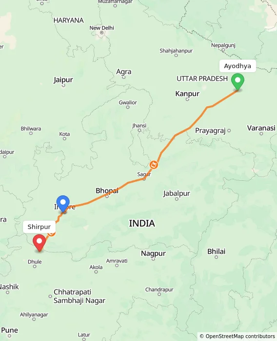 Route map showing distance and travel time from Ayodhya, India to Shirpur, India