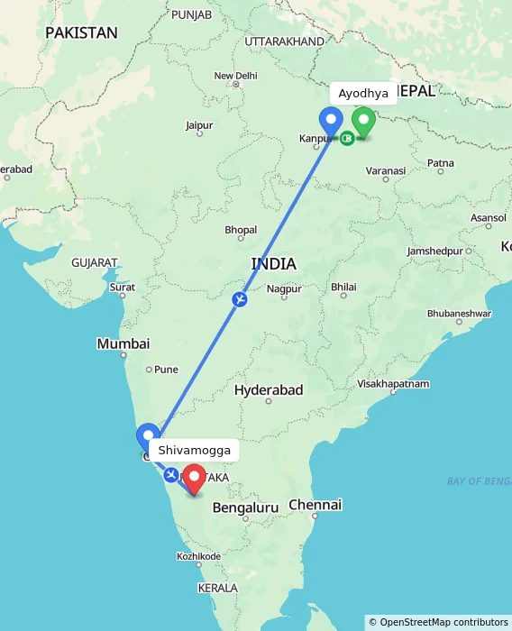 Route map showing distance and travel time from Ayodhya, India to Shivamogga, India