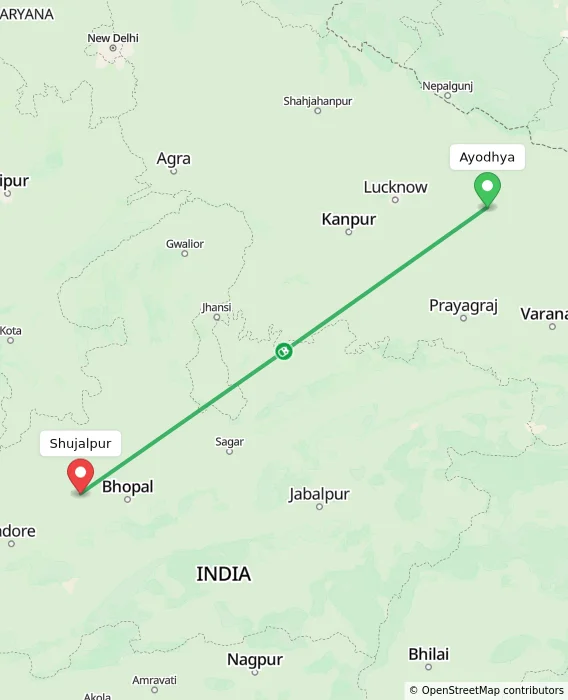 Route map showing distance and travel time from Ayodhya, India to Shujalpur, India