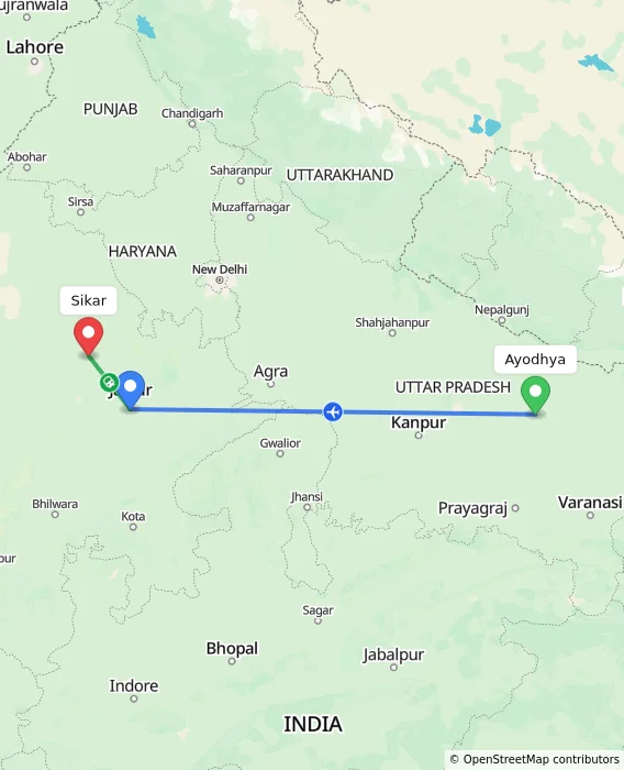 Route map showing distance and travel time from Ayodhya, India to Sikar, India