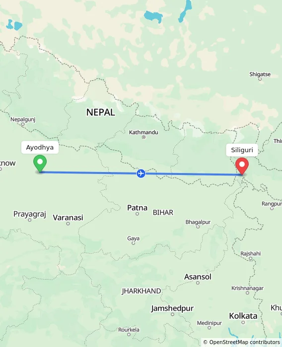 Route map showing distance and travel time from Ayodhya, India to Siliguri, India